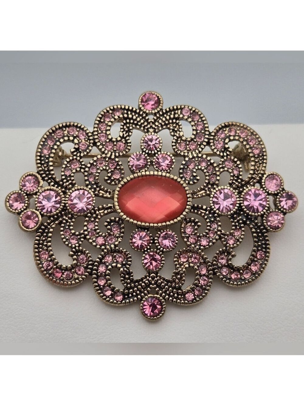 Monet Pink Rhinestone Filigree Flower Brooch Vintage Antique Estate Sale